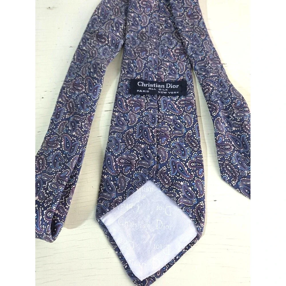 Christian Dior Silk Tie Blue Paisley Pattern Paris New York Designer Necktie